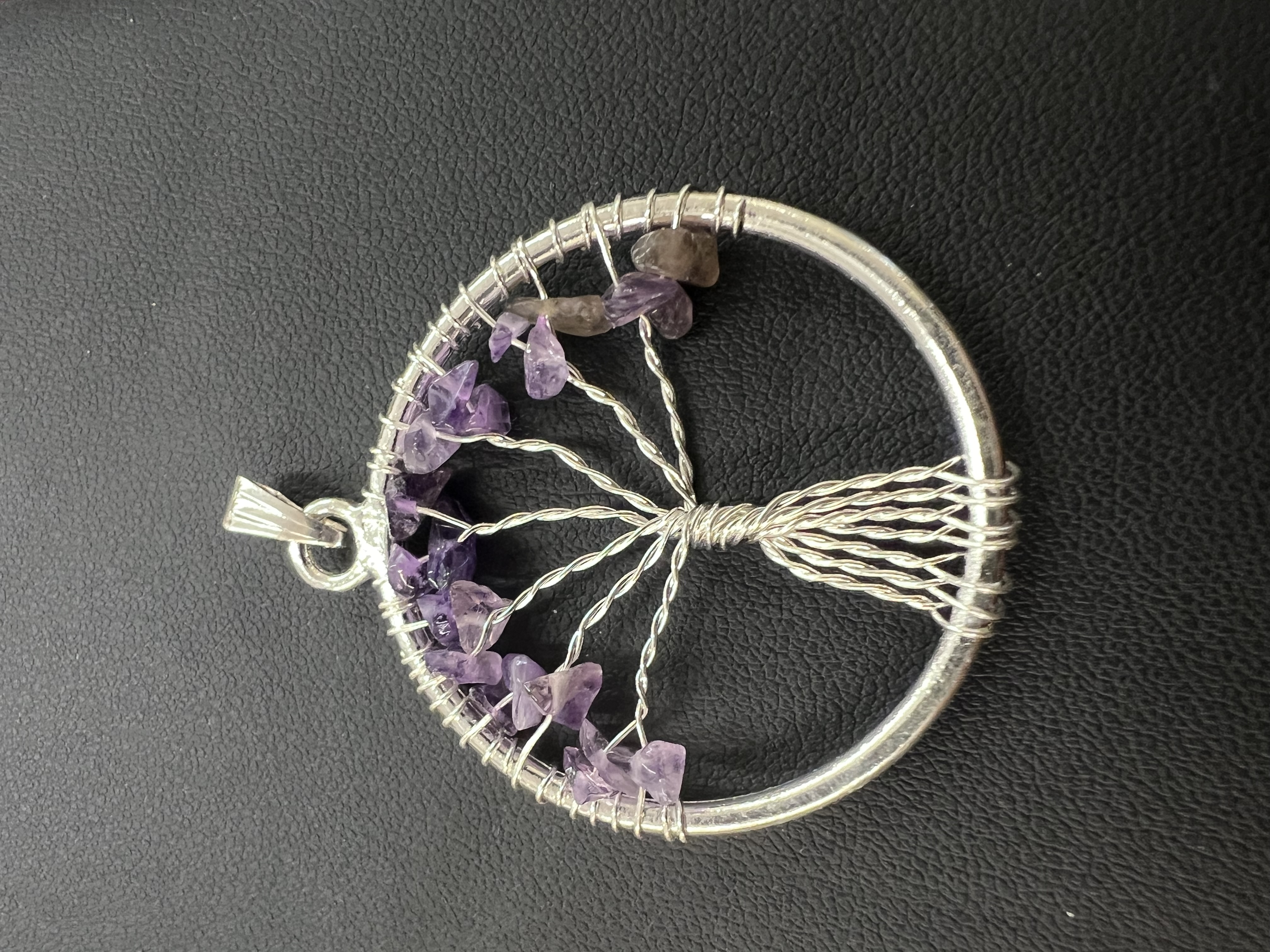 Natural Stone Tree of Life Pendant in Silver - 1.5 inches - Amethyst